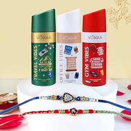 VOKKA Rakhi Gift for Brother – 3 Unisex Deodorants 150ml Each Gym + Office + Travel Vibes with 2 Rakhis | Blue Evil Eye, Floral Beaded Rakhi | Raksha Bandhan Combo Set for Bhaiya & Bhabhi-image-83