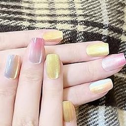 Secret Lives Acrylic Press on Nails Cats Eye Artificial Nails Extension Square Shape Designer Ranibow Color Fake Nails Design 24 Pieces Set with kit-13