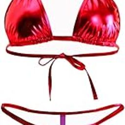 Women Shiny Red Faux Leather Bikini Bra Set-image-32