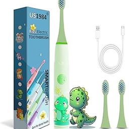 Sonic Electric Toothbrush for Kids with 4 Modes, 3 Brush Heads & Rechargeable Battery, Ultra Soft Nylon Bristles, IPX7 Waterproof, Electric Power Tooth brush (Green)-14