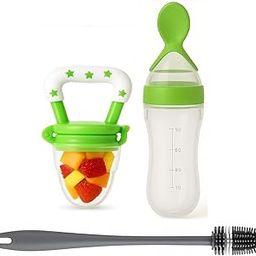 Joy Buzz Baby Food Dispensing Spoon Feeder Bottle 90ml and Fruit Feeder/Nibbler/Pacifier with Bottle Cleaning Brush Pack of 3 (Green)-image-68