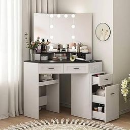 Mann Mart‚Space-Saving Corner Vanity Desk with Tri-Fold Mirror, Adjustable Lighting & Ample Storage: 3 Drawers, Sliding Cabinet, Open Shelves-image-118