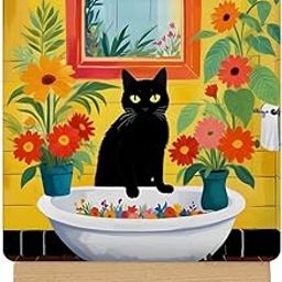 Sarvada Decor Black Cat Bathroom Sign Funny Cat Bathroom Wood Sign with Easel for Home Restroom Toilet Desk Shelf Décor-image-86