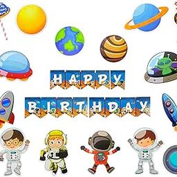FI - FLICK IN 18 pcs Happy Birthday Banner Space Theme Birthday Decoration Planet Astronaut Cutouts Cake Topper Props Space Galaxy Decoration (Pack of 18, Multicolor)-18