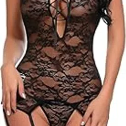 xivir Women Lace Bodysuit Lingerie Set Babydoll Chemise with Garter Belts-picture-15