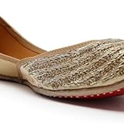 Women Nazakat Punjabi Jutti Ethnic Leather Round Toe Slip-On Gold Mojaris Embellished Flats-image-96