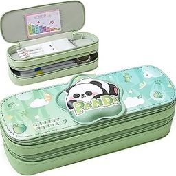 FunBlast Pouches for Girls - Large Capacity Double Layer Panda Pouch, Multi-Purpose Zipper Pouch Case for School Kids, Aesthetic Pencil Case for School & College Students (Green)-image-3