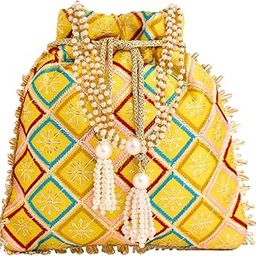 Potli Bags for Ladies for Weddings | Traditional Yellow Potli Handbags for Women | Handmade Wristlet Embroidery Worked Potli Bag | Ideal for Parties Weddings or Traditional Events-image-87