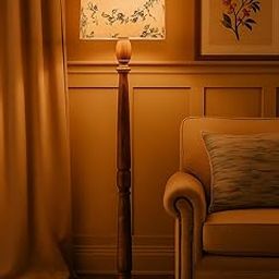 Decorcity Rustic Walnut Brown Wood Floor Lamp with Multicolor Fabric Shade Antique Style Bedside, Living Room, Bedroom, Corner, Light Décor (Candlestick Cornflower)-image-3
