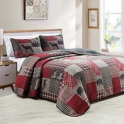 Rustic Log Cabin Lodge Quilted Grey Charcoal Deep Red Reversible Plaid Bear Patchwork Bedspread Coverlet Bedding Set - Plaid Bear (King/Cal-King)-5