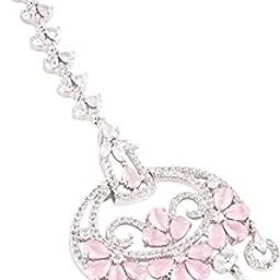 Hair Jewelry Traditional Leaf Flower Design AD Baby Pink Crystal Stone Maang Tikka | Chain Mathapatti | Bridal tika Jewellery Set for Women & Girls | Maang Tikka for Women-81