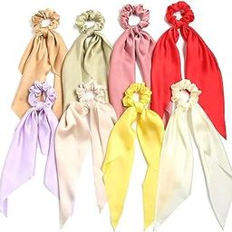 Multicolor 8 Pcs Bowknot Elastic Satin Scarf Scrunchies With Long Tail Elastics Ribbon, Ponytail Holder Ties Bands Accessories for Women & Girls (Random Color)-image-12