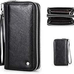 Men's Genuine Leather Clutch Business Travel Double Zip Around Purse 4 Interlayer Vintage Long Wallet with Wrist Wrap Black-picture-16