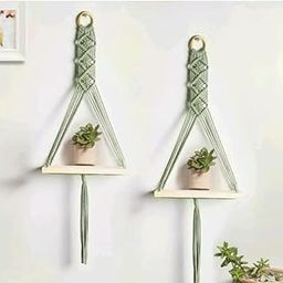 Wall Hanging Shelf Chic Decor Wood Floating Boho Shelves with (Green)-picture-22