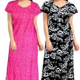 Permium Combo Cotton Long Half Sleeve Printed Nighty for Women-Black -Grey-image-121