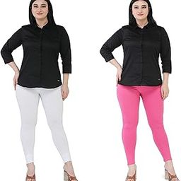 Premium Cotton Body Hugging Ankle Length Legging for Women, Soft and Comfortable Fabric with Elastic Closure, Free Size - Pack of 2pc (Fit Upto 25 to 32 Waist)- Pink, White-image-79
