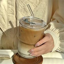 Glass Water Tumbler with Straw and Lid Sealed Carry On Thick Wall Iced Coffee Cup Glass Cup for Water, Iced Tea Fruit Juice Set of 1, 400ml (Clear)-image-82