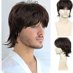 QUEENTAS Short Brown Hair Wig for Men 70s Disco Full Head Rocker Punk Wig Mullet Wolf Synthetic Men Wigs for Cosplay Diwali-image-38