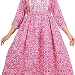 Women's Cotton Blend Printed Maxi Gown with Lucknowi Work on Neck (Pink, M)-30