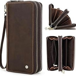 Men's Genuine Leather Clutch Business Travel Double Zip Around Purse 4 Interlayer Vintage Long Wallet with Wrist Wrap Black-picture-25