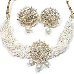 Women's Pearl Multilayer Beaded Choker Necklace Jewellery Set | Gold Tone Multistrand Beaded Kundan Choker Necklace & Earring Set For Women and Girls Pack of 1-image-54