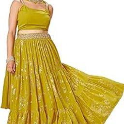 Women's Yellow Georgette Embellished Foil Printed Tiered Ready To Wear Lehenga Choli Set-image-89