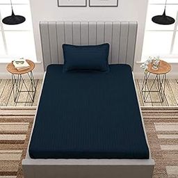innovative edge Cotton King Size Satin Stripe Fitted Single Bedsheet with Pillow Covers, Blue-image-11
