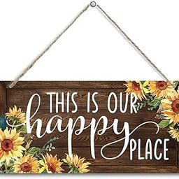 Sunflower Theme Wood Decor Sign,This Is Our Happy Place,Hanging Printed Wooden Plaque Decor,Rustic Home Decor Sign,Entryway Wall Decor,Hanging Plaques for Foyer Farmhouse Sign 12 x 6 inch-image-28