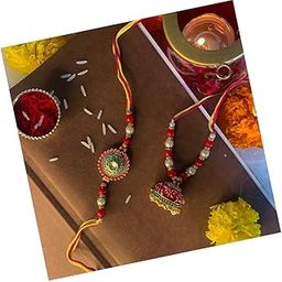 Ethnic Meenakari Pearl Bhaiya Bhabhi Lumba Rakhi Bracelet Combo Set With Roli Chawal & Rakshabandhan Card For Unisex Adult (R049-Co)-image-22