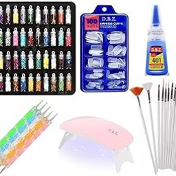 D.B.Z.® Nail Art Kit - 48 Pcs Glass Bottles Glitter Stones, 100 Nails, Nail UV Lamp, 15 Nail Art brush, 5 Nail Dotting Pen with 1 Glue-42
