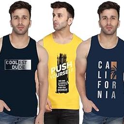 Printed Sleeveless Tshirt for Men Combo | Sando/Baniyan/Ganji Tank Top Gym Vest for Boys | Round Neck Dryfit T-Shirt | Perfect for Sports Workout, Vacations & Beaches | Multicolor K (Pack of 3)-image-91
