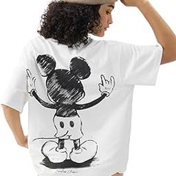 Official Mickey Mouse: The Coolest Women and Girls Short Sleeves Round Neck White Graphic Printed Cotton Oversized T-Shirts-image-18