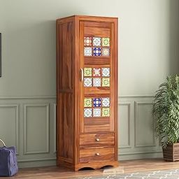 MANNAT ARTS Wooden Single Door Wardrobe Organizer for Storage with 2 Drawer 1 Shelves & Hanging Space - Sheesham Wood Cupboard for Bedroom - Wooden Almirah Organizer for Clothes Storage (Design 47)-image-101