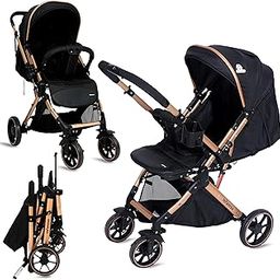 Infantso GlideX Premium Baby Stroller / Pram, Reversible Handle, One-Hand Fold and 360° Rotating Wheels,, Travel Friendly, 5 Points Safety Harness, Extendable Canopy, Multilevel Recline, Adjustable Footrest, Easy Fold, Shock Absorption Wheels, for babies 0 to 3 years ( Black Golden )-21