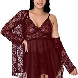 Net Lace Spandex Women Babydoll Nightgown Honeymoon Lingerie Nighty Pack 2 Piece Combo Black, Red, Maroon S-3XL-picture-8