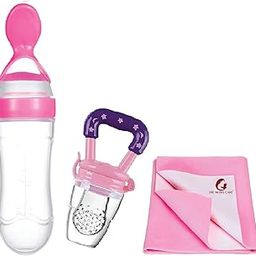 The Moms care Combo of 3 Item Fruit Nibbler Pacifier,Silicone Squeeze Feeding Spoon Bottle & Small Size (70x50) Baby Dry Sheet for 0 to 12 Months Baby Same Color Design Pink Set for Your Baby Girl-17
