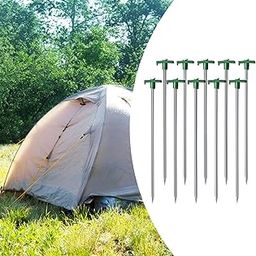 MERISHOPP 10 Pieces Tent Stakes Galvanized Steel Ground Stakes for Lawn Hiking Outdoor Green| Camping Gear | Heavy-Duty Tent Stakes & Guy Lines Set-image-13