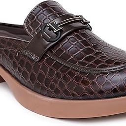 Women's Croc-Textured Mules with Metal Buckle | Slip-On Backless Loafers with Block Heel for Chic Party & Office Wear (SFR-004-$P)-image-1