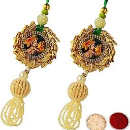 Buyent ® Elegant pearl lumba rakhi for bhabhi set of 2 radha krishna chuda rakhi latkan rakhi for bhabhi hanging rakhi for bhabhi sister in law with roli chawal pack-image-73