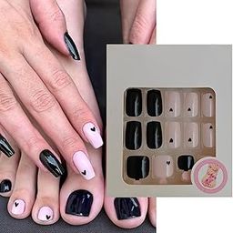 S.A.V.I 48 Pcs Fake Nails Set | Black & Nude Pink Square Nails | Heart Design | Medium-Length | Hands & Feet Manicure Kit | Nail Art for Fingers & Toes | Stylish & Long-Lasting-19