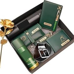 Your Name Customized Mens Gift Hamper Set with Water Bottle, Passport Cover, Pen, Men Wallet, Sunglasses Cover, Keychain, Men Deodorant, Golden Rose and Mens Belt (Green)-image-25