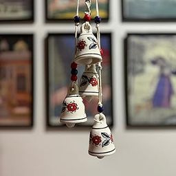 Macrame Symphony, 4 Mini Ceramic Bells Home Wall Décor Handmade Home Wall Décor, Wind Chime. (Red & Blue)-picture-0