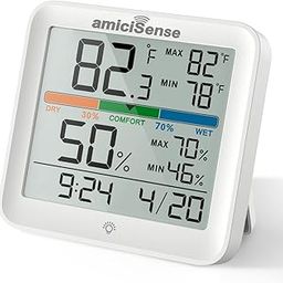 amiciSense Digital Hygrometer Thermometer, AS-55 Temperature and Humidity Monitoring Weather Station with Clock, Plastic, Pack of 1-4