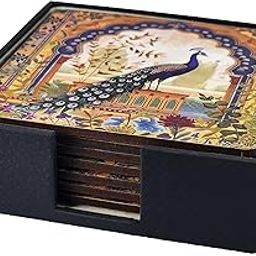 The Black Frame Engineered Wooden Tea Coaster Set of 6 | Moisture-Absorbing with Anti-Slip Backing | Traditional Peacock Vintage Mughal Art Style-image-38