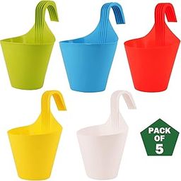 Plastic Hanging Planters 5 Pcs (8 Inch, Multicolor) | Flower Hanging Pots for Home & Balcony Garden | Hanging Planters for Home Plants | Hooked Hanging Pots-picture-1