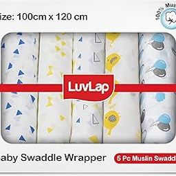 LuvLap 100% Cotton Muslin Baby Swaddles, Triangles Birds & Balloons White Print, 0-18M+, Pack of 5 (120.0cm L X 100.0cm W)-image-48