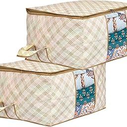 Amazon Brand - Solimo Metalic 2 Pieces Non Woven Underbed Storage Bag, Cloth Organiser, Blanket Cover With Transparent Window, Checkered-Ivory, Rectangular(Fabric)-9