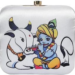 Designer Box Clutch with Krishna and Deer Print, 20 x 8 cm, White Canvas Evening Bag with Gold Clasp, Party Wedding Formal Purse-image-25
