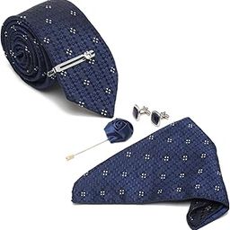 Mens Blue Italian Silk Necktie Set Incl Pocket Square Cufflinks Chrome Tiepin Brooch American Style Formal Tie Gift Set for Men (TEBUCP)-image-63
