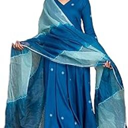 Women's Cotton Blend Anarkali Embroidered Kurta with Pant & Dupatta-picture-15